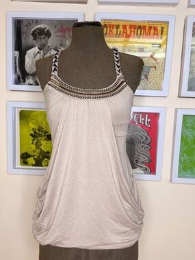Y2K Boho Beaded Strap Drape Tank – Neutral Festival Minimalist Statement Top